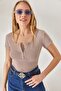 Women's Striped Beige Snap-On Camisole Blouse BLZ-19000171 - 3