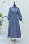 Striped Dress with Front Buttons and Elastic Waist - Navy