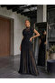 Black Tulle Detailed Draped Dress - Long Evening Dress with Fish Cut Chiffon Skirt - 2