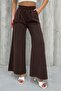 Women's Brown Spanish Flared Trousers Snow Washed Cotton Gabardine Elastic Waist Comfortable Model