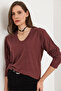 Women's Dark Rose Dusty V-Neck Wool Viscose Flowy Blouse Blz- 19002729 - 6