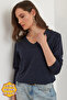Women's Navy Blue V-Neck Wool Viscose Flowy Blouse Blz- 19002729