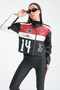 Women's Oversized Printed Leather Striped Biker Coat with Garnish and Zipper, Racer Jacket, Bomber College Coat - 3