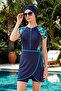 Short Sleeve Stretch Fabric Semi-Closed Swimsuit with Tights 3923 Dark Navy Blue
