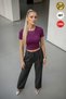 Women's Shiny Plum Crew Neck Lycra Short Sleeve Body Crop Blouse - 2