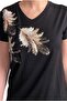 Women's Black V-Neck Sequin Embroidered Feather Patterned 100% Cotton T-Shirt - 3