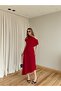 Red Long Dress with Gathered Shoulders - 206190 - 6