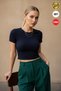 Women's Navy Blue Crew Neck Lycra Short Sleeve Body Crop Blouse - 2