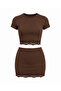 Women's Coffee Lace Detailed Blouse & Mini Skirt Set