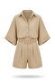 Khaki Shirt Shorts Belted Linen Set