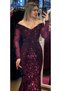 Cherry Color Long Sleeves Lace Detailed Mermaid Skirt Velvet Sequin Long Evening Dress 6840 - 2