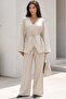 Beige V-Neck Buttoned Belted Double Modal Women's Suit Mg2619