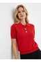 Women's Gold Button Detailed Polo Collar Short Sleeve Premium Knitwear Sweater