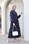 Elastic Sleeves, Half Buttoned, Jacquard Printed, Parted Dress - Navy - 6