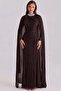 Yoryo Silk Hijab Evening Dress with Stone Detailed Cape on the Collar K. Brown 1247