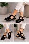 Women's Black Knitted Patterned Black Comfortable Suede Cage Sandals - 4