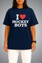 Oversize Off Campus I Love Hockey Boys Chest Printed White Unisex T-Shirt - 2