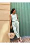 Water Green Stretchy Fabric Thick Strap Blouse Elastic Waist Pants Top and Bottom Set