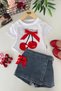 My Little One's Cherry Printed Bow Detailed Girls' Denim Shorts with Skirt 2-Piece Set - White