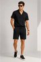 Men's 2-Piece Crepe Fabric Pocket Shirt Shorts Set Short Sleeve Lace-Up - Black - Smoked - 4