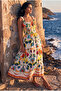 Women's Exotic Patterned Straps Gathered Gipeli A-Line Linen Midi Dress