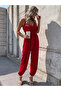 Women's Rope Strap Long Sandy Jumpsuit with Double-Breasted Collars and Waist Belt - 2