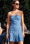 Pleated Wavy Wrap Fit Bodycon Side Zipper Strapless Sleeveless Denim Jeans Dress with Detachable Skirt Detail - 2