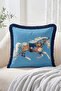 Blue Fringed Throw Pillow Cover with Floral Pattern and Running Horse Figure - Modern Tassel Pillowcase