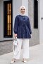Stone Buttoned Shirt with Elasticized Sleeves and Tie Detail - Navy - 3