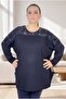 Embroidered on the Shoulders, Crewneck with Slits, Long, Loose-Fitted Viscose Fabric Extra Large Size Bluz - 5