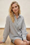 Women's Black and White Striped Oversize Long Basic Shirt 3900