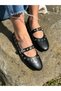 Women's Black Leather-Look Eyelet Staple Detailed Mary Jane Comfortable Ballet Flats - Casual and Stylish with Buckle Strap - 8