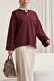 V-Neck Double Layer 2-Thread Combed Cotton Blouse - Burgundy - 2