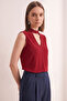 Women's Burgundy V-Neck High Neck Button Detailed Sleeveless Sandy Fabric Blouse