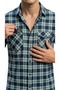 Double Pocket Flap Summer Snap Fastener Navy Blue Green Plaid Men's Shirt Short Sleeve - 4