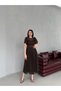 Brown Balloon Sleeve Belted Mesh Fabric Midi Evening Dress - 2