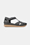 Women's Black Genuine Leather 35-41-42 Number Strapped Flat Wedge Heels Side Open Sandals - 5