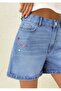 Blue Embroidered Short Denim Shorts with Leg Embroidery - 3