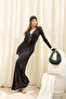 Awen Button Detailed Draped Black Long Dress