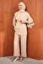 Beige Waist Tie Tunic Trousers Suit - 4