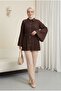 تونيك من قماش البوبلين المطوي بأزرار مرصعة وربطة خصر - بني - 3