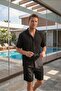 Men's Aerobin Fabric Summer Black Short Sleeve Shirt & Shorts Bottom Top 2-Piece Set Ls-7122 - 3