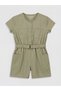 Green Crew Neck Belted Girl's Gabardine Jumpsuit - 3