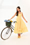 Yellow Gingham Square Collar Midi Dress with Ruffle Detail at the Hem