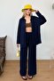 Women's Ruffle Detailed Elastic Waist Shirted Double Set Navy Blue - Mw0000268