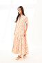 Beige with Powder Floral Pattern, High Collar, Zippered, Princess Stitched Maxi Dress - 8