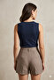 Women's Navy Blue Modal Ribbed Fabric Zero Neckline Side Button Detailed Asymmetrical Sleeveless Blouse - 5