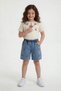 Beige Cherry Embroidered Collar Detailed Girls' Jean Shorts Set 24069 - 3