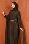 Brown Gathered Front Stone Lace Evening Dress - 2