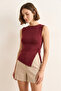 Women's Burgundy Crew Neck Sleeveless Modal Ribbed Fabric Blouse with Side Button Detail - 3
